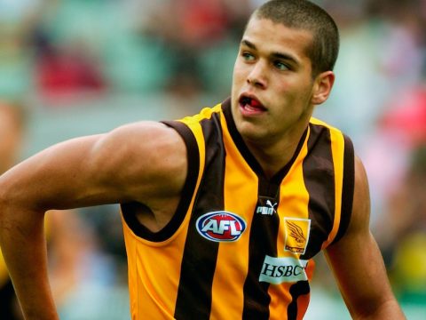 A fresh-faced Lance Franklin runs in his Hawthorn jersey