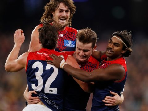 Bayley Fritsch is in the middle of a pack of Melbourne players who are congratulating him