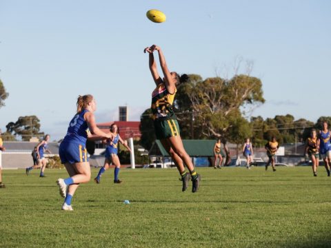 A female footy player jumping high in the air for a ball.