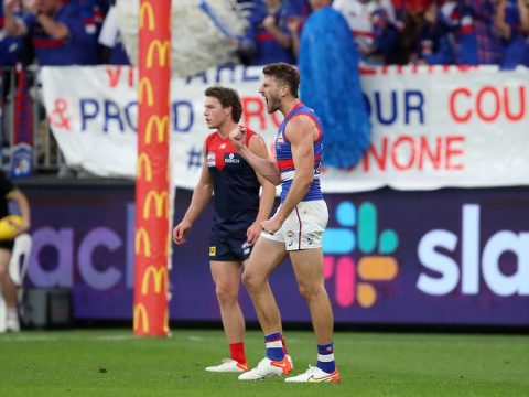 Marcus Bontempelli shouts and pumps his fist after and AFL grand final goal. A Melbourne Demon is in the background.