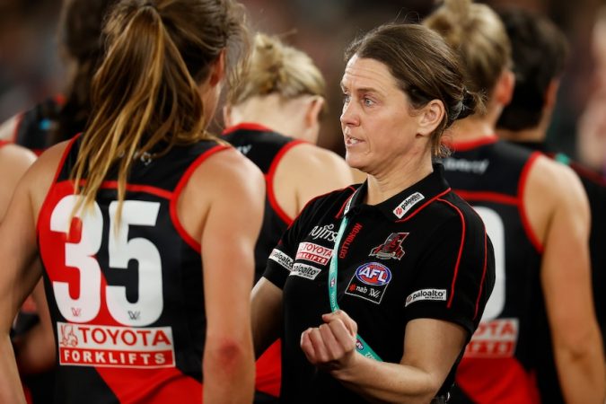Natalie Wood addresses her players during the round one, season seven game against Hawthorn