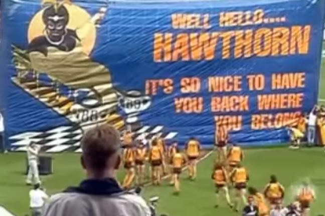 A Hawthorn banner that depicts a caricature of a black woman
