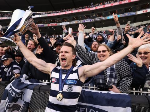 Patrick Dangerfield holds his arms out while holding the premiership cup and yells, standing in front of Cats fans
