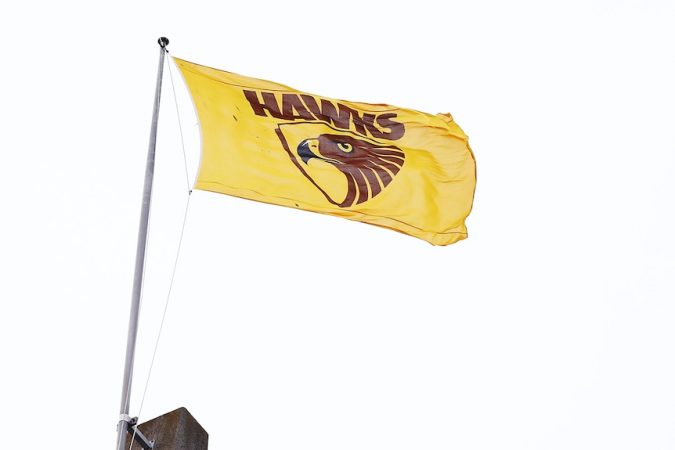 A brown and gold flag carrying the Hawks' logo flies