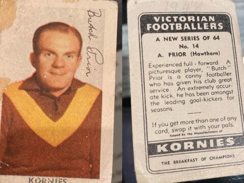 A composite image of the front and back of a Kornies football card of Hawthorn VFL player Butch Prior.