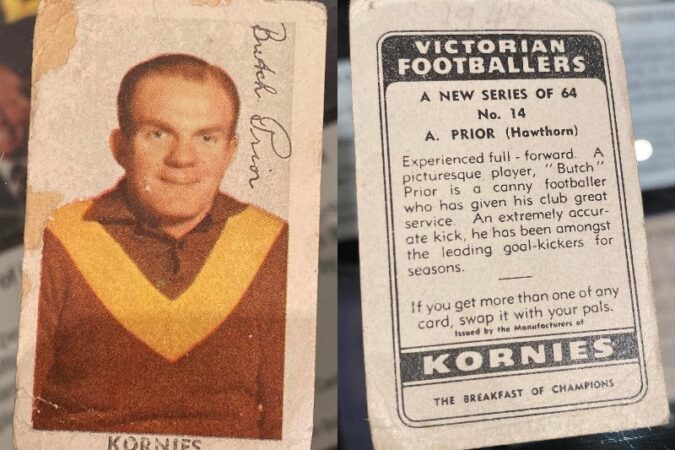 A composite image of the front and back of a Kornies football card of Hawthorn VFL player Butch Prior.