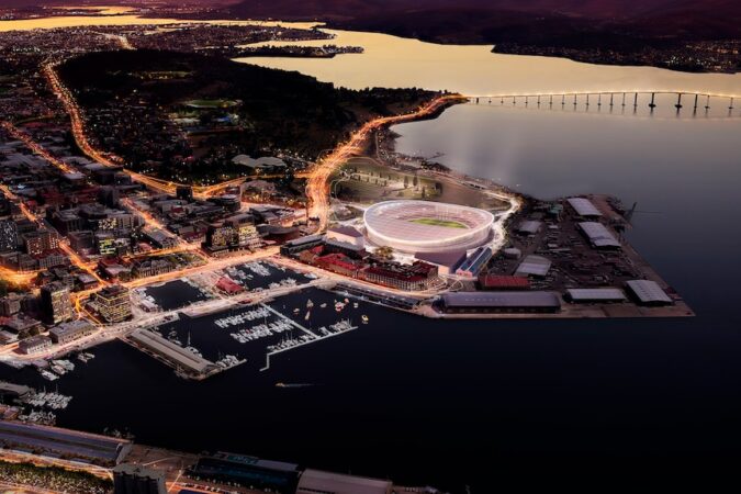 In this concept image, a stadium shines brightly in Hobart under an pink evening sky.