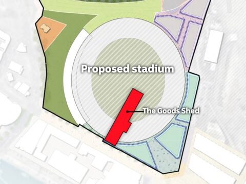 A map showing how the positioning of the Goods Shed in relation to the new AFL stadium.