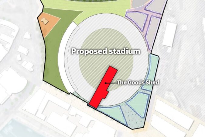 A map showing how the positioning of the Goods Shed in relation to the new AFL stadium.